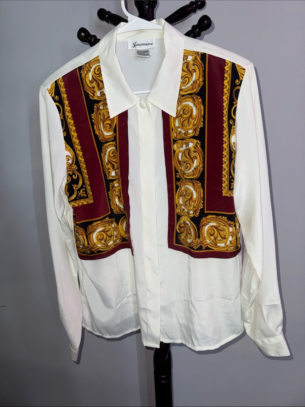 Jasmine White Dress Shirt with Gold and Burgundy Baroque Panels 1.T